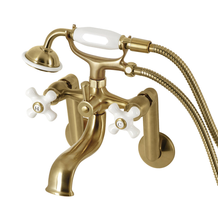 Kingston Heirloom KS269PXSB - Kingston Three-Handle 2-Hole Tub Wall Mount Clawfoot Tub Faucet with Hand Shower, Brushed Brass