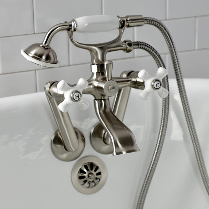 Kingston Heirloom KS269PXSN - Kingston Three-Handle 2-Hole Tub Wall Mount Clawfoot Tub Faucet with Hand Shower, Brushed Nickel