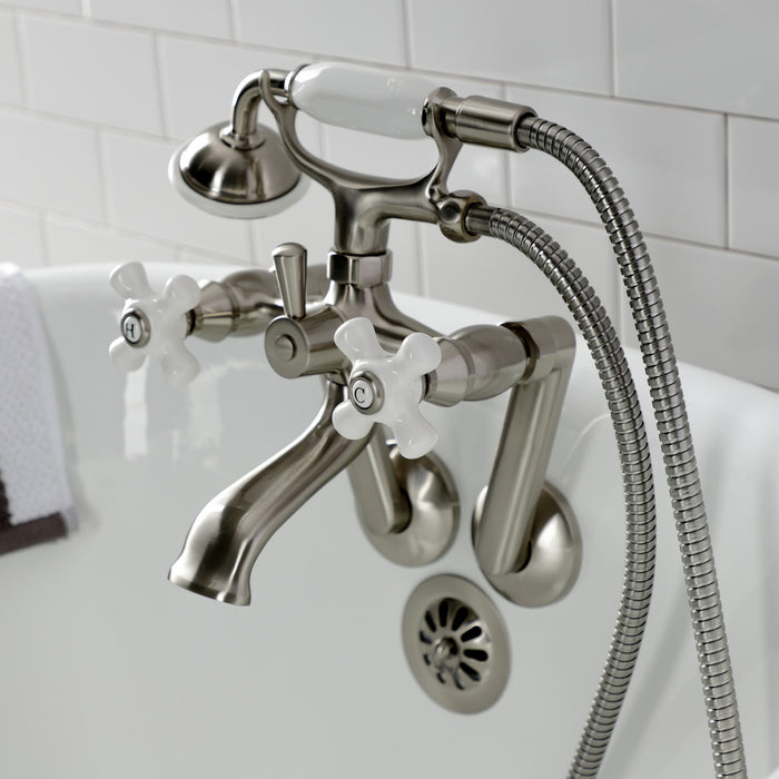 Kingston Heirloom KS269PXSN - Kingston Three-Handle 2-Hole Tub Wall Mount Clawfoot Tub Faucet with Hand Shower, Brushed Nickel