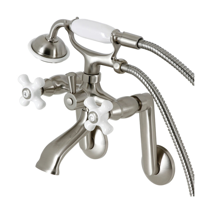 Kingston Heirloom KS269PXSN - Kingston Three-Handle 2-Hole Tub Wall Mount Clawfoot Tub Faucet with Hand Shower, Brushed Nickel