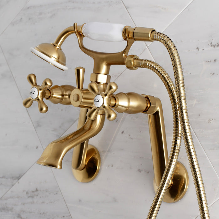 Kingston KS269SB Three-Handle 2-Hole Tub Wall Mount Clawfoot Tub Faucet with Hand Shower, Brushed Brass