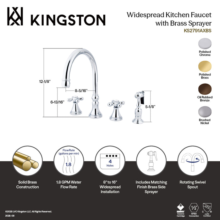 Kingston Tulare KS2791AXBS - Governor Double-Handle 4-Hole Widespread Kitchen Faucet with Brass Sprayer, Polished Chrome