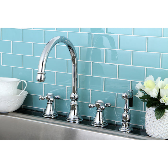 Kingston Tulare KS2791AXBS - Governor Double-Handle 4-Hole Widespread Kitchen Faucet with Brass Sprayer, Polished Chrome