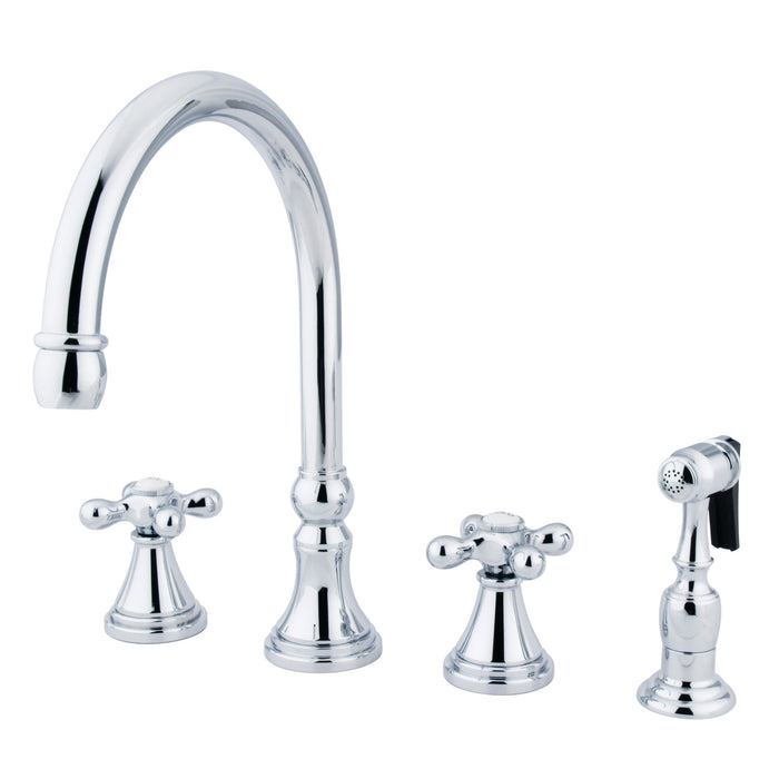 Kingston Tulare KS2791AXBS - Governor Double-Handle 4-Hole Widespread Kitchen Faucet with Brass Sprayer, Polished Chrome