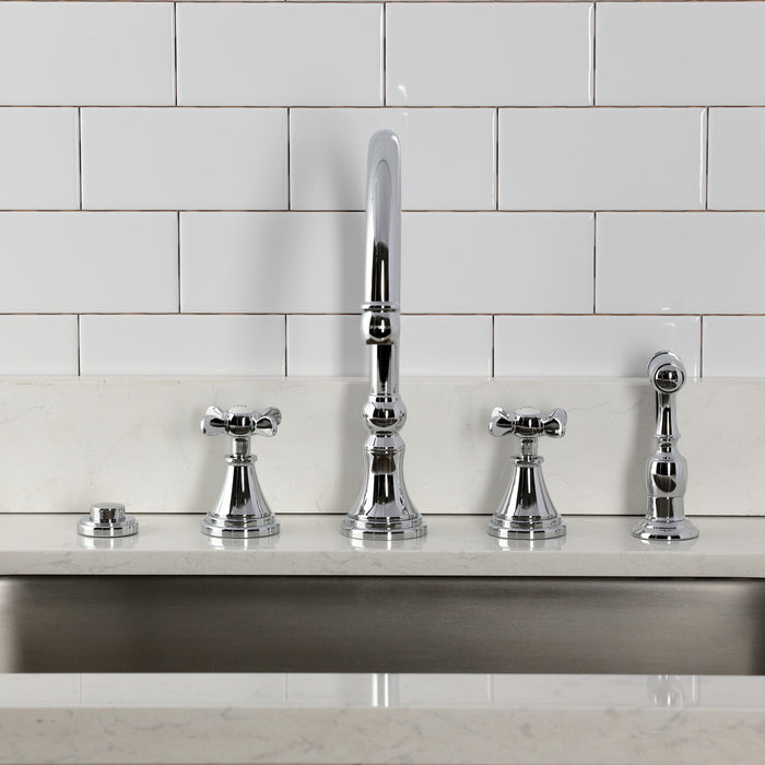 Kingston Tulare KS2791BEXBS - Essex Double-Handle 4-Hole Widespread Kitchen Faucet with Brass Sprayer, Polished Chrome