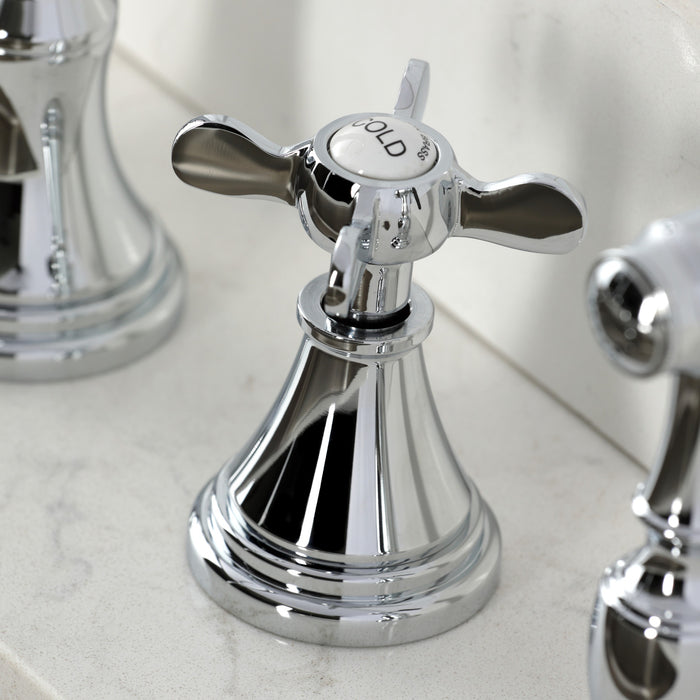 Kingston Tulare KS2791BEXBS - Essex Double-Handle 4-Hole Widespread Kitchen Faucet with Brass Sprayer, Polished Chrome