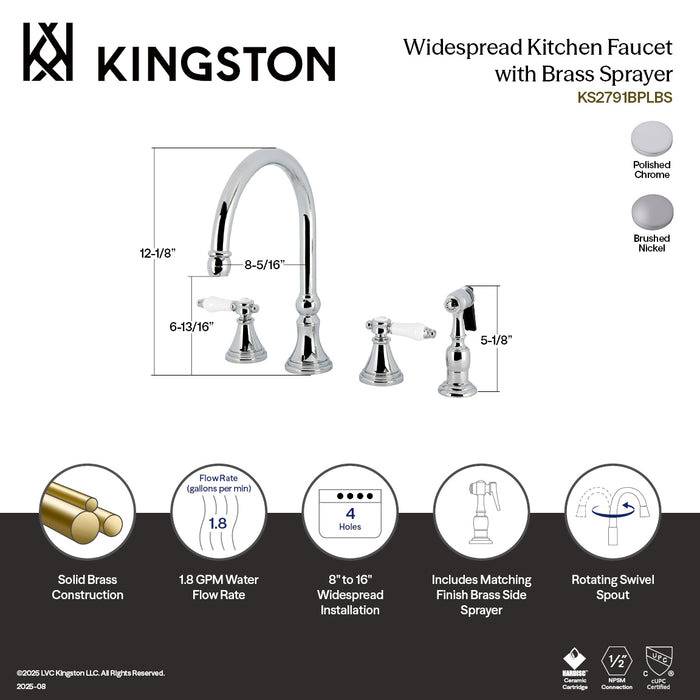 Kingston Tulare KS2791BPLBS - Bel-Air Double-Handle 4-Hole Widespread Kitchen Faucet with Brass Sprayer, Polished Chrome