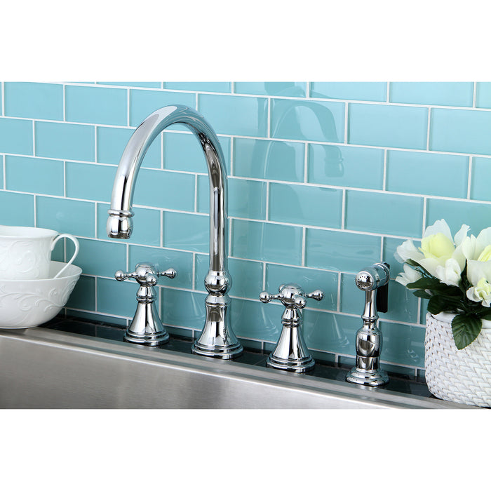 Kingston Tulare KS2791KXBS - Governor Double-Handle 4-Hole Widespread Kitchen Faucet with Brass Sprayer, Polished Chrome