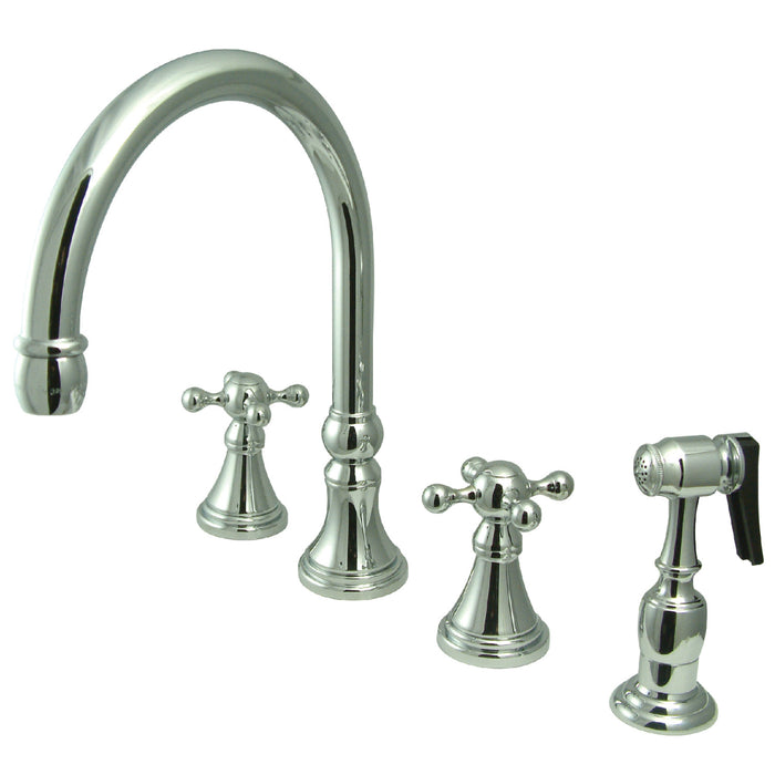 Kingston Tulare KS2791KXBS - Governor Double-Handle 4-Hole Widespread Kitchen Faucet with Brass Sprayer, Polished Chrome