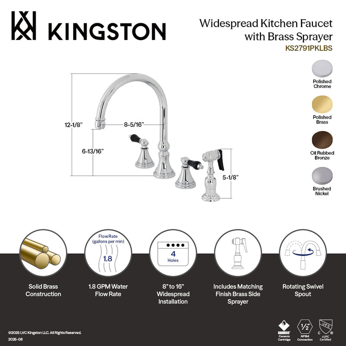 Kingston Tulare KS2791PKLBS - Duchess Double-Handle 4-Hole Widespread Kitchen Faucet with Brass Sprayer, Polished Chrome
