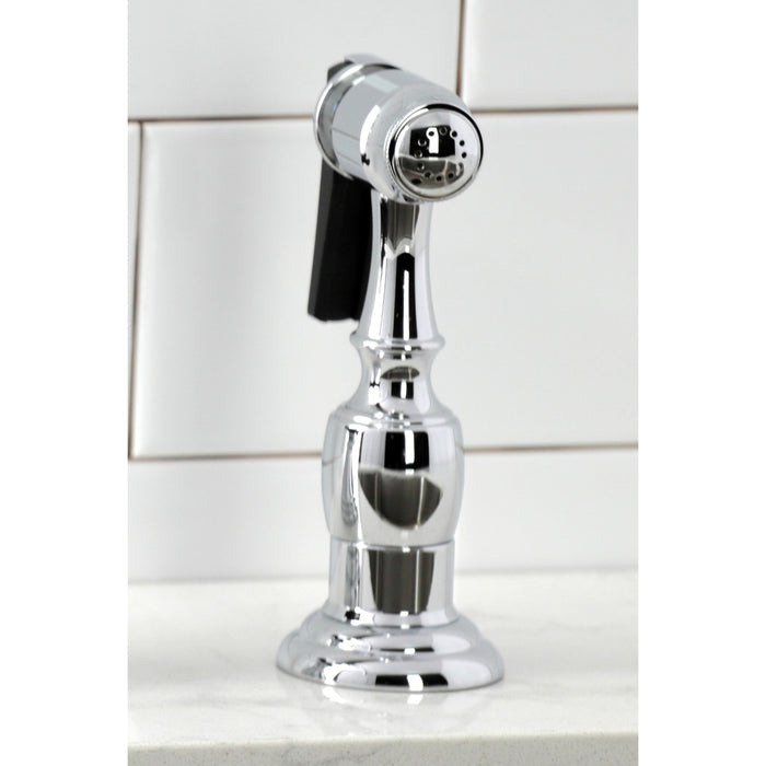 Kingston Tulare KS2791PKLBS - Duchess Double-Handle 4-Hole Widespread Kitchen Faucet with Brass Sprayer, Polished Chrome