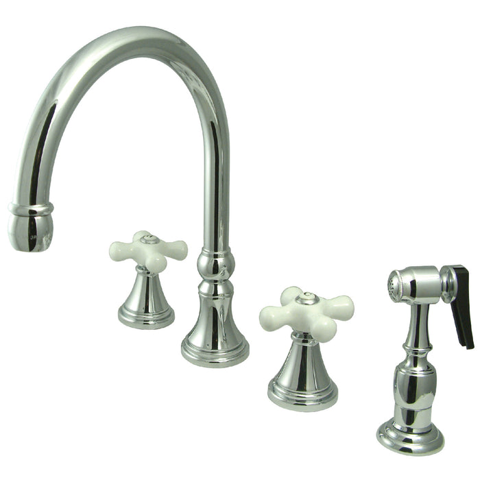 Kingston Tulare KS2791PXBS - Governor Double-Handle 4-Hole Widespread Kitchen Faucet with Brass Sprayer, Polished Chrome
