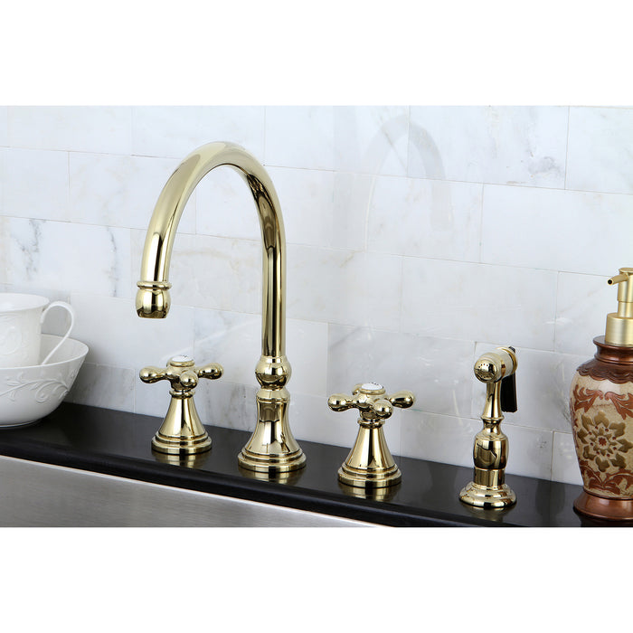 Kingston Tulare KS2792AXBS - Governor Double-Handle 4-Hole Widespread Kitchen Faucet with Brass Sprayer, Polished Brass