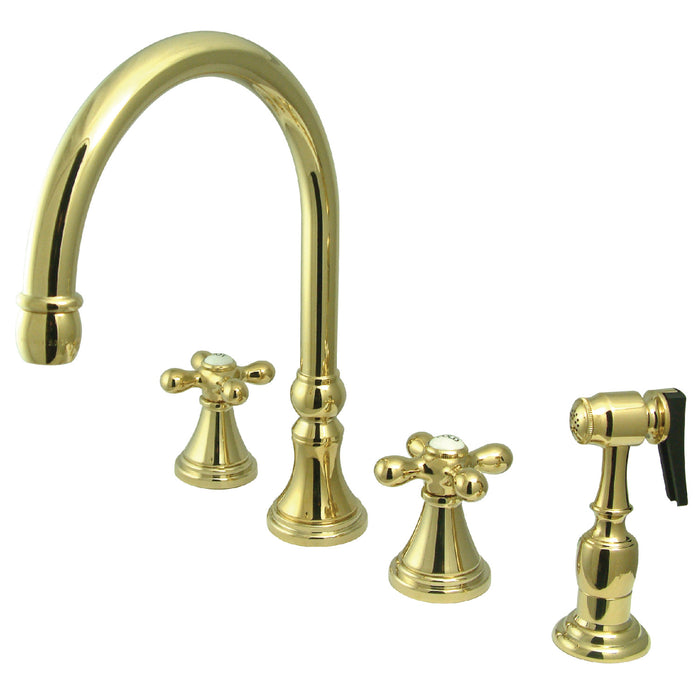 Kingston Tulare KS2792AXBS - Governor Double-Handle 4-Hole Widespread Kitchen Faucet with Brass Sprayer, Polished Brass
