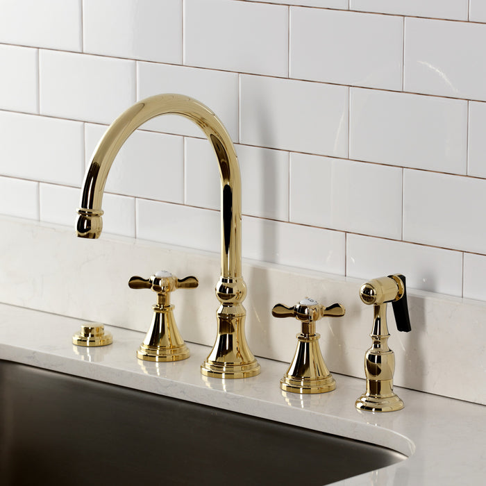 Kingston Tulare KS2792BEXBS - Essex Double-Handle 4-Hole Widespread Kitchen Faucet with Brass Sprayer, Polished Brass