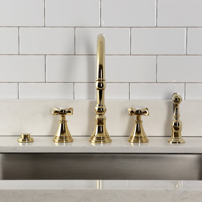 Kingston Tulare KS2792BEXBS - Essex Double-Handle 4-Hole Widespread Kitchen Faucet with Brass Sprayer, Polished Brass