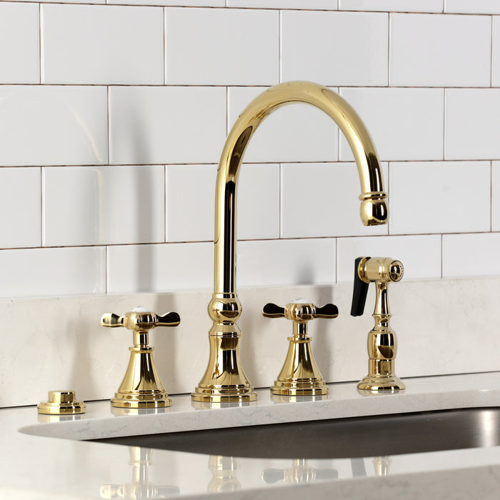 Kingston Tulare KS2792BEXBS - Essex Double-Handle 4-Hole Widespread Kitchen Faucet with Brass Sprayer, Polished Brass