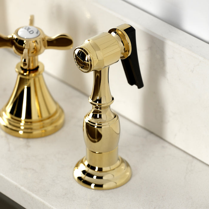 Kingston Tulare KS2792BEXBS - Essex Double-Handle 4-Hole Widespread Kitchen Faucet with Brass Sprayer, Polished Brass