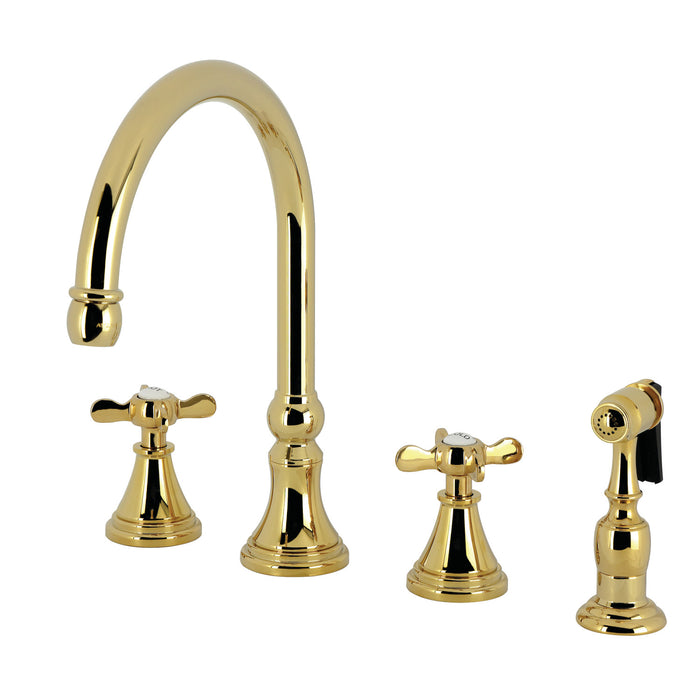 Kingston Tulare KS2792BEXBS - Essex Double-Handle 4-Hole Widespread Kitchen Faucet with Brass Sprayer, Polished Brass