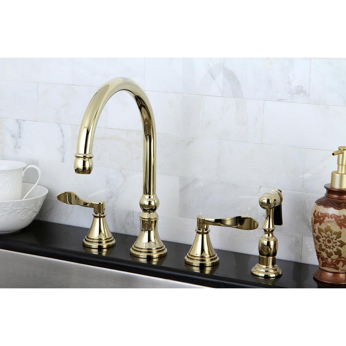 Kingston Tulare KS2792DFLBS - NuFrench Double-Handle 4-Hole Widespread Kitchen Faucet with Brass Sprayer, Polished Brass