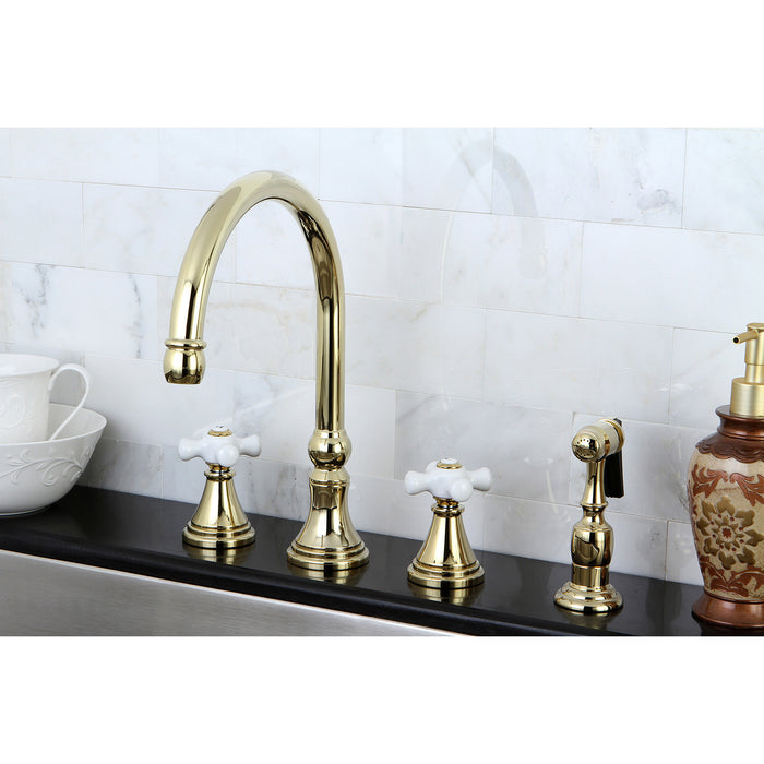 Kingston Tulare KS2792PXBS - Governor Double-Handle 4-Hole Widespread Kitchen Faucet with Brass Sprayer, Polished Brass