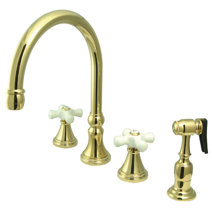 Kingston Tulare KS2792PXBS - Governor Double-Handle 4-Hole Widespread Kitchen Faucet with Brass Sprayer, Polished Brass