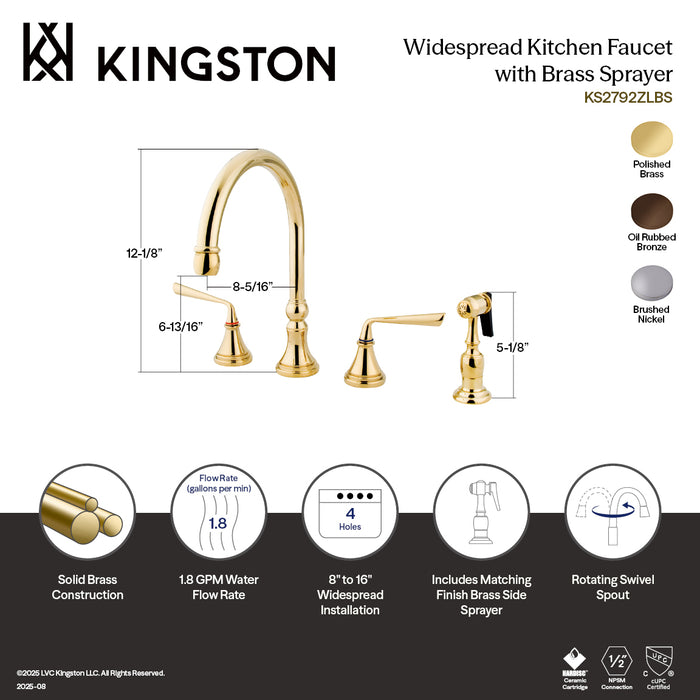 Kingston Tulare KS2792ZLBS - Silver Sage Double-Handle 4-Hole Widespread Kitchen Faucet with Brass Sprayer, Polished Brass