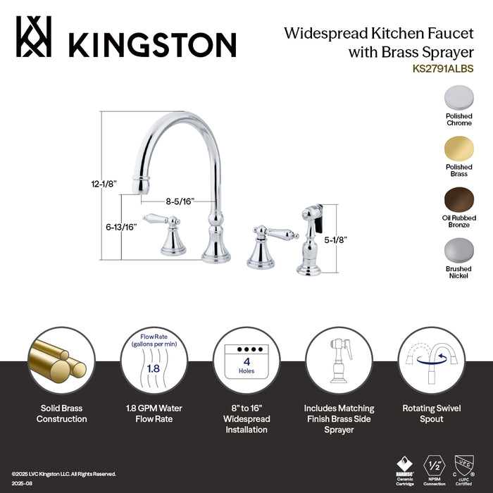 Kingston Tulare KS2795ALBS - Governor Double-Handle 4-Hole Widespread Kitchen Faucet with Brass Sprayer, Oil Rubbed Bronze