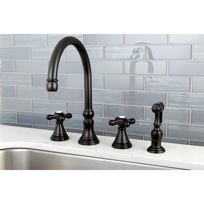 Kingston Tulare KS2795AXBS - Governor Double-Handle 4-Hole Widespread Kitchen Faucet with Brass Sprayer, Oil Rubbed Bronze