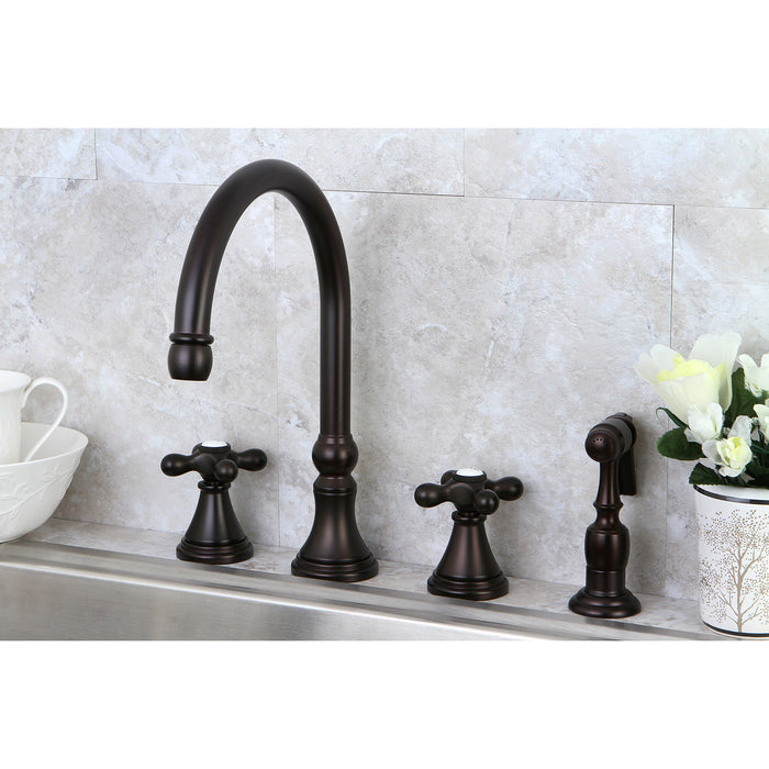 Kingston Tulare KS2795AXBS - Governor Double-Handle 4-Hole Widespread Kitchen Faucet with Brass Sprayer, Oil Rubbed Bronze