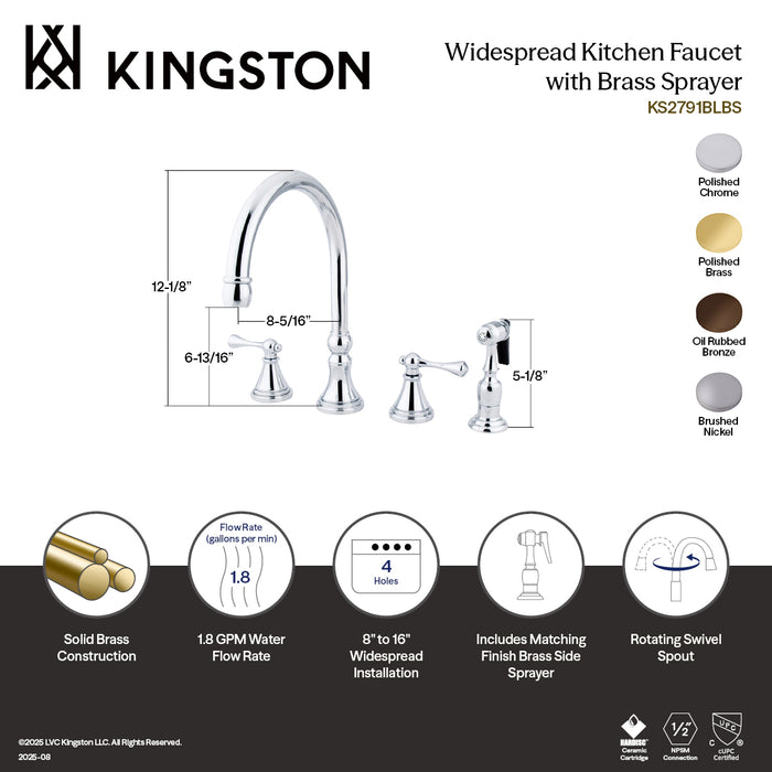 Kingston Tulare KS2795BLBS - Governor Double-Handle 4-Hole Widespread Kitchen Faucet with Brass Sprayer, Oil Rubbed Bronze