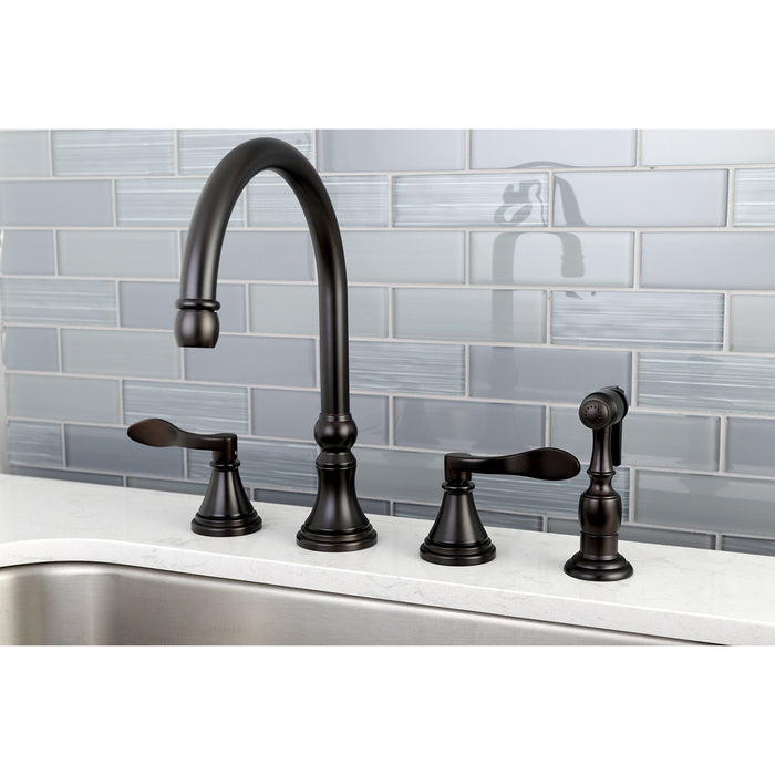 Kingston Tulare KS2795DFLBS - NuFrench Double-Handle 4-Hole Widespread Kitchen Faucet with Brass Sprayer, Oil Rubbed Bronze