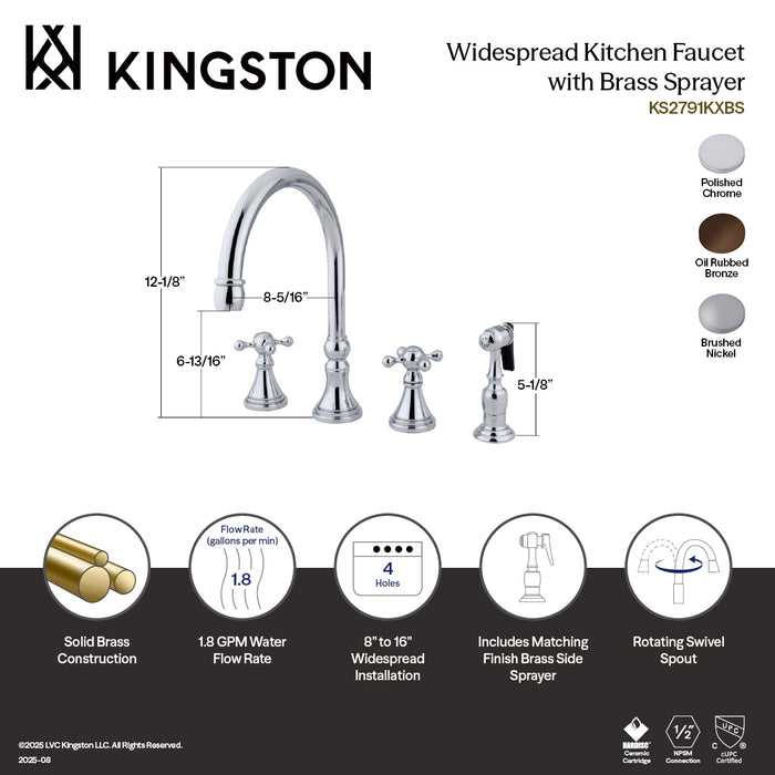 Kingston Tulare KS2795KXBS - Governor Double-Handle 4-Hole Widespread Kitchen Faucet with Brass Sprayer, Oil Rubbed Bronze