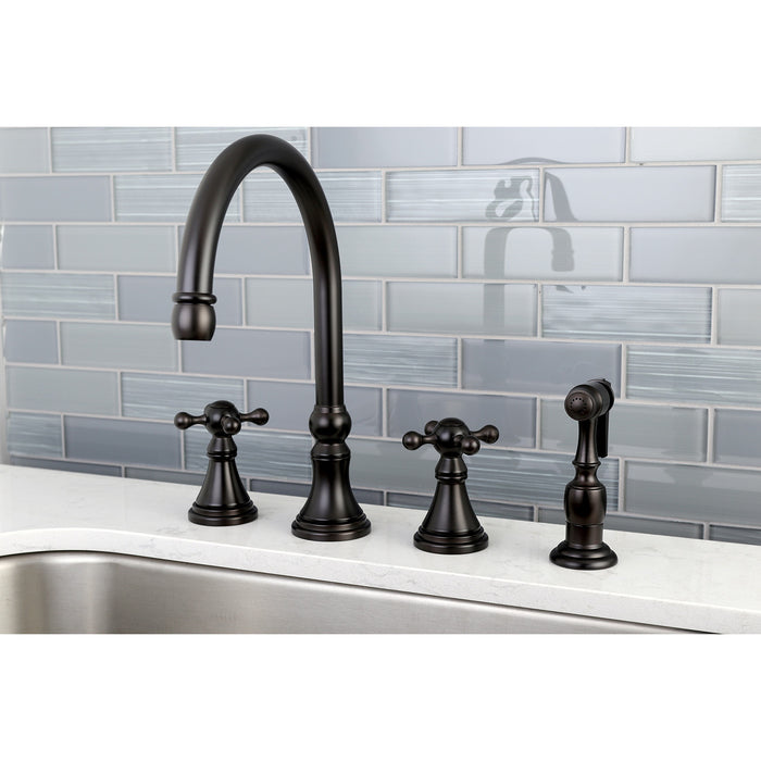 Kingston Tulare KS2795KXBS - Governor Double-Handle 4-Hole Widespread Kitchen Faucet with Brass Sprayer, Oil Rubbed Bronze