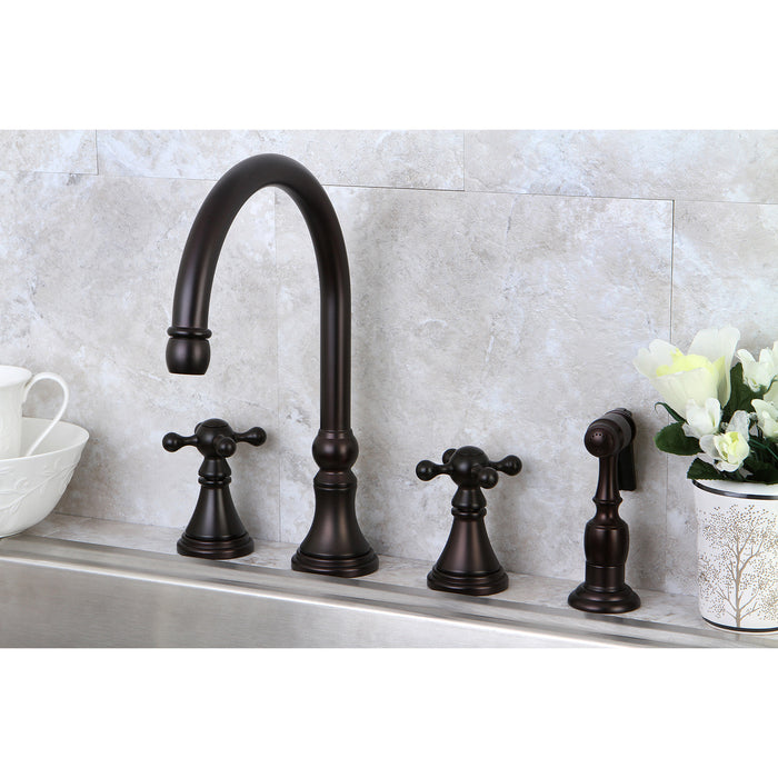 Kingston Tulare KS2795KXBS - Governor Double-Handle 4-Hole Widespread Kitchen Faucet with Brass Sprayer, Oil Rubbed Bronze