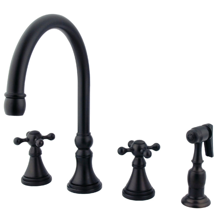 Kingston Tulare KS2795KXBS - Governor Double-Handle 4-Hole Widespread Kitchen Faucet with Brass Sprayer, Oil Rubbed Bronze