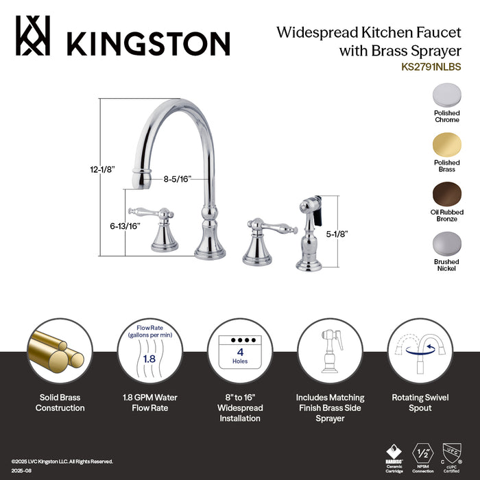 Kingston Tulare KS2795NLBS - Governor Double-Handle 4-Hole Widespread Kitchen Faucet with Brass Sprayer, Oil Rubbed Bronze