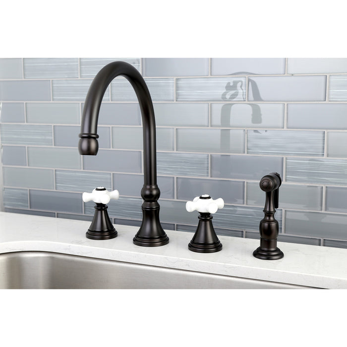 Kingston Tulare KS2795PXBS - Governor Double-Handle 4-Hole Widespread Kitchen Faucet with Brass Sprayer, Oil Rubbed Bronze