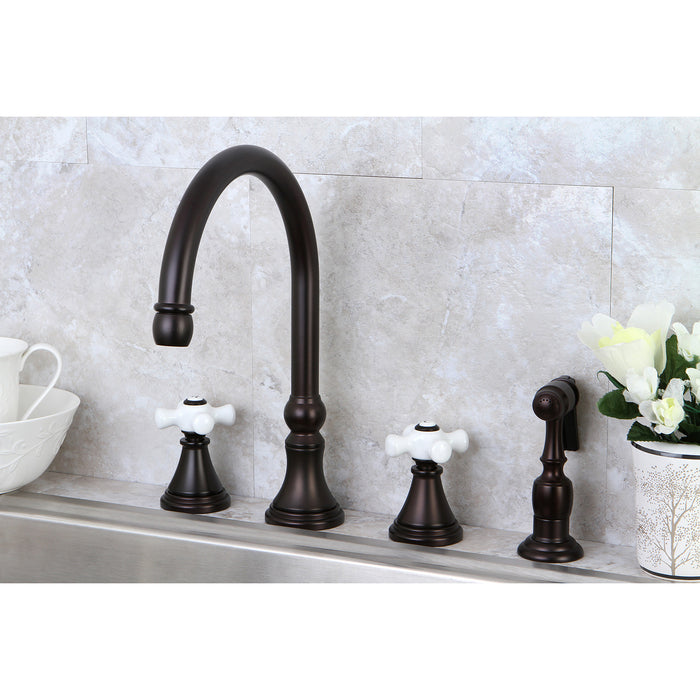 Kingston Tulare KS2795PXBS - Governor Double-Handle 4-Hole Widespread Kitchen Faucet with Brass Sprayer, Oil Rubbed Bronze