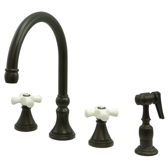 Kingston Tulare KS2795PXBS - Governor Double-Handle 4-Hole Widespread Kitchen Faucet with Brass Sprayer, Oil Rubbed Bronze
