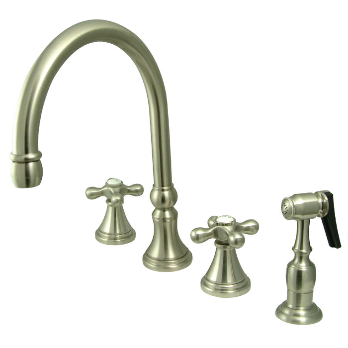 Kingston Tulare KS2798AXBS - Governor Double-Handle 4-Hole Widespread Kitchen Faucet with Brass Sprayer, Brushed Nickel
