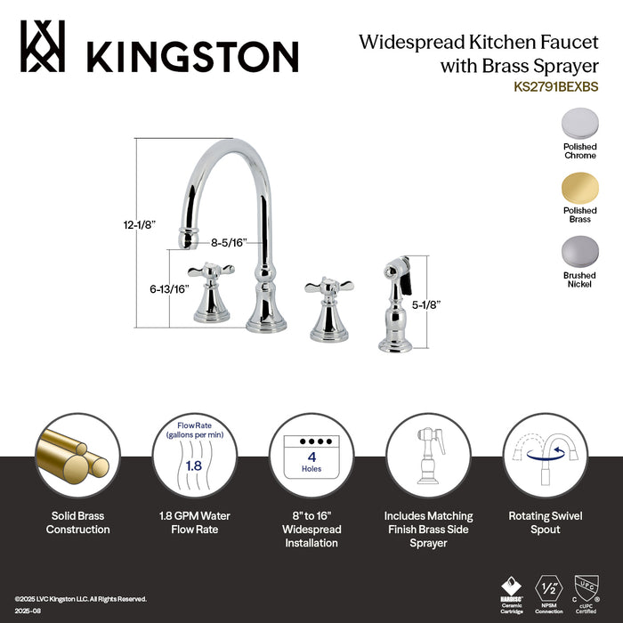 Kingston Tulare KS2798BEXBS - Essex Double-Handle 4-Hole Widespread Kitchen Faucet with Brass Sprayer, Brushed Nickel