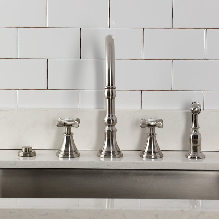 Kingston Tulare KS2798BEXBS - Essex Double-Handle 4-Hole Widespread Kitchen Faucet with Brass Sprayer, Brushed Nickel