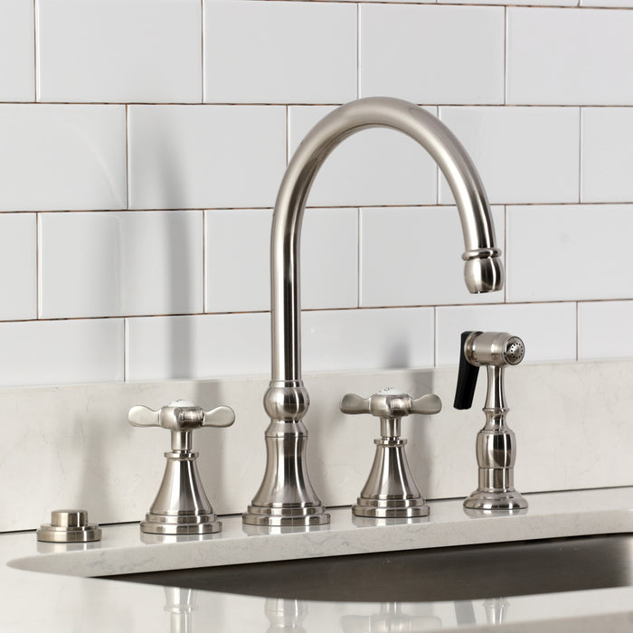 Kingston Tulare KS2798BEXBS - Essex Double-Handle 4-Hole Widespread Kitchen Faucet with Brass Sprayer, Brushed Nickel