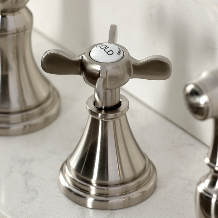 Kingston Tulare KS2798BEXBS - Essex Double-Handle 4-Hole Widespread Kitchen Faucet with Brass Sprayer, Brushed Nickel