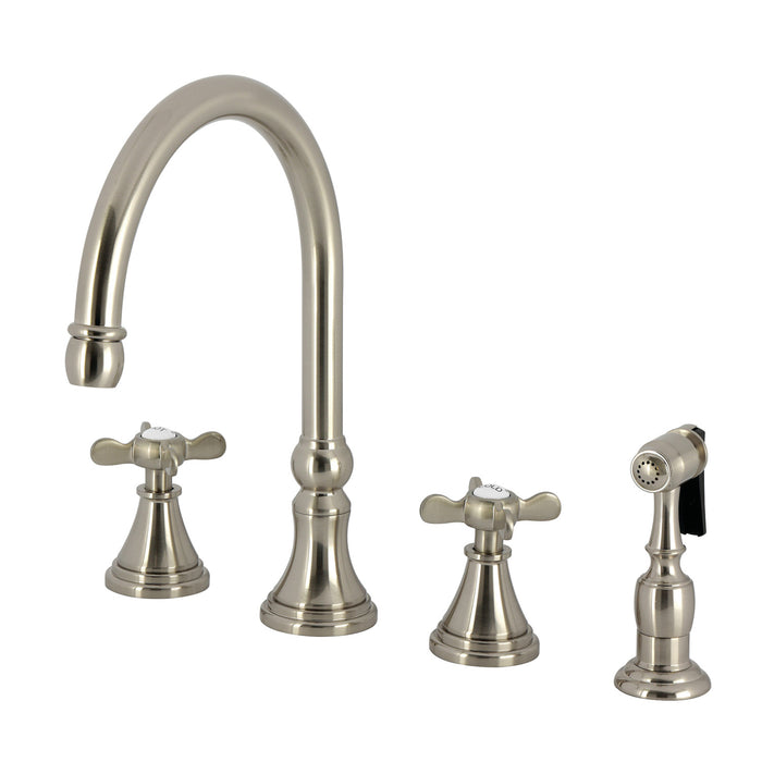 Kingston Tulare KS2798BEXBS - Essex Double-Handle 4-Hole Widespread Kitchen Faucet with Brass Sprayer, Brushed Nickel
