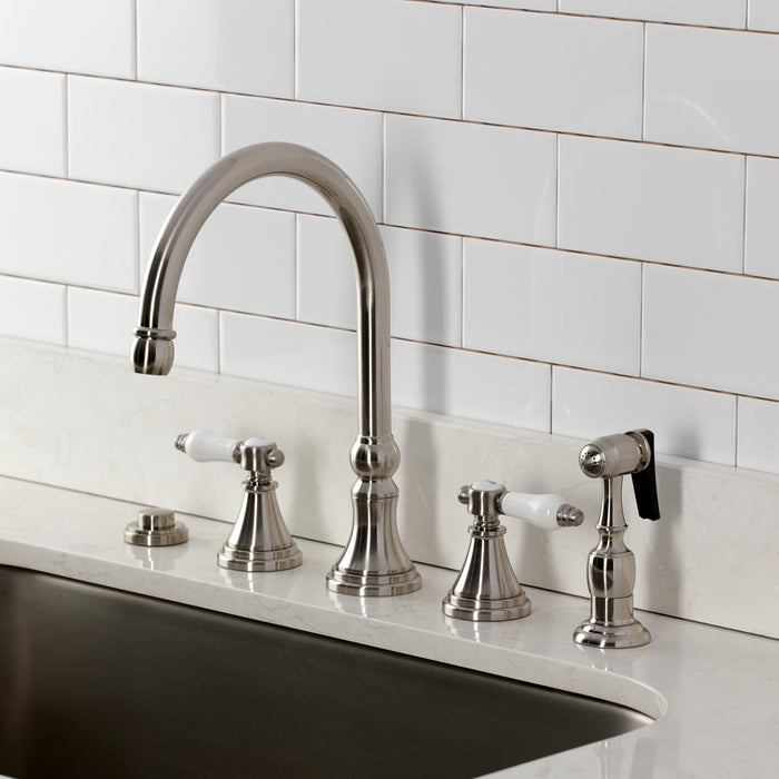 Kingston Tulare KS2798BPLBS - Bel-Air Double-Handle 4-Hole Widespread Kitchen Faucet with Brass Sprayer, Brushed Nickel