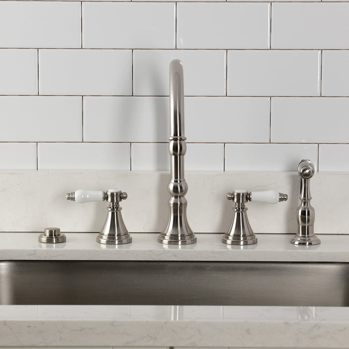 Kingston Tulare KS2798BPLBS - Bel-Air Double-Handle 4-Hole Widespread Kitchen Faucet with Brass Sprayer, Brushed Nickel