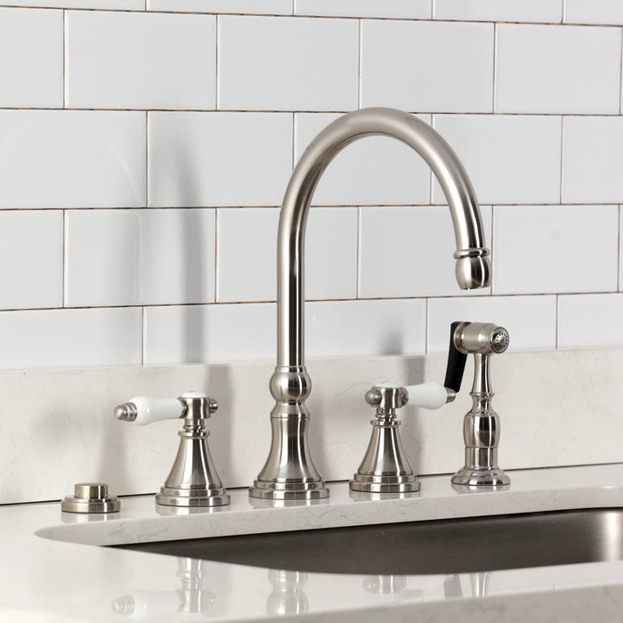 Kingston Tulare KS2798BPLBS - Bel-Air Double-Handle 4-Hole Widespread Kitchen Faucet with Brass Sprayer, Brushed Nickel
