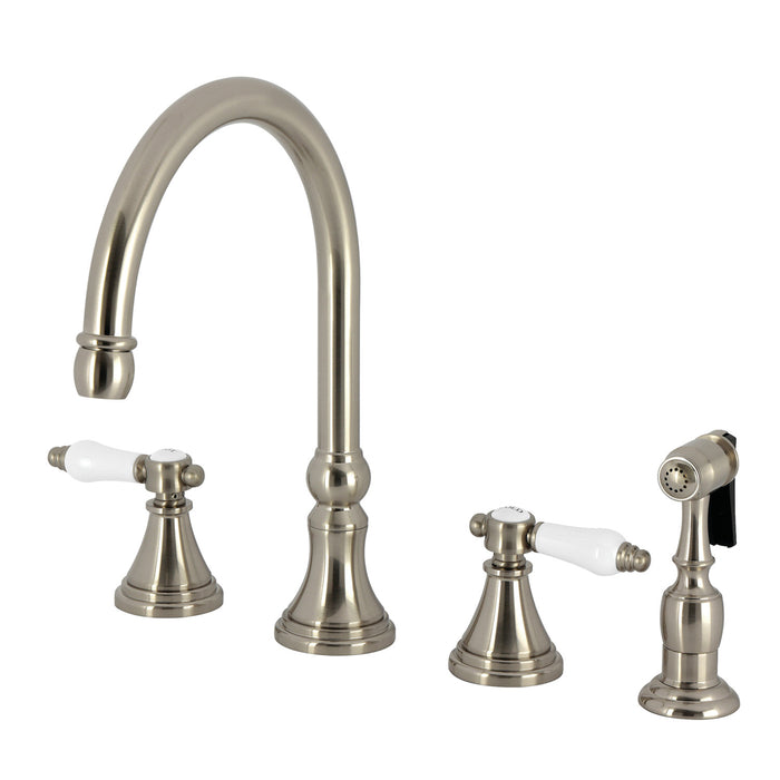 Kingston Tulare KS2798BPLBS - Bel-Air Double-Handle 4-Hole Widespread Kitchen Faucet with Brass Sprayer, Brushed Nickel